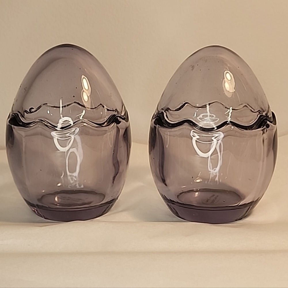 2 Piece Glass Cups x Two Egg Shape Purple Candy Pudding Dessert Tealight Easter
